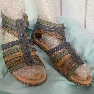 Earth Sandals Leather Bay Parisian Blue Multi Gladiator Zip 8 B Preowned